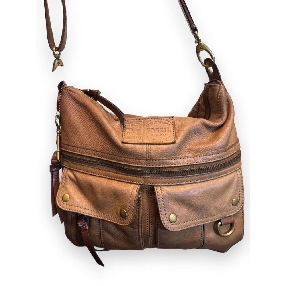 Vintage Fossil Brown Leather Crossbody Bag Multiple Pockets Adjustable Strap